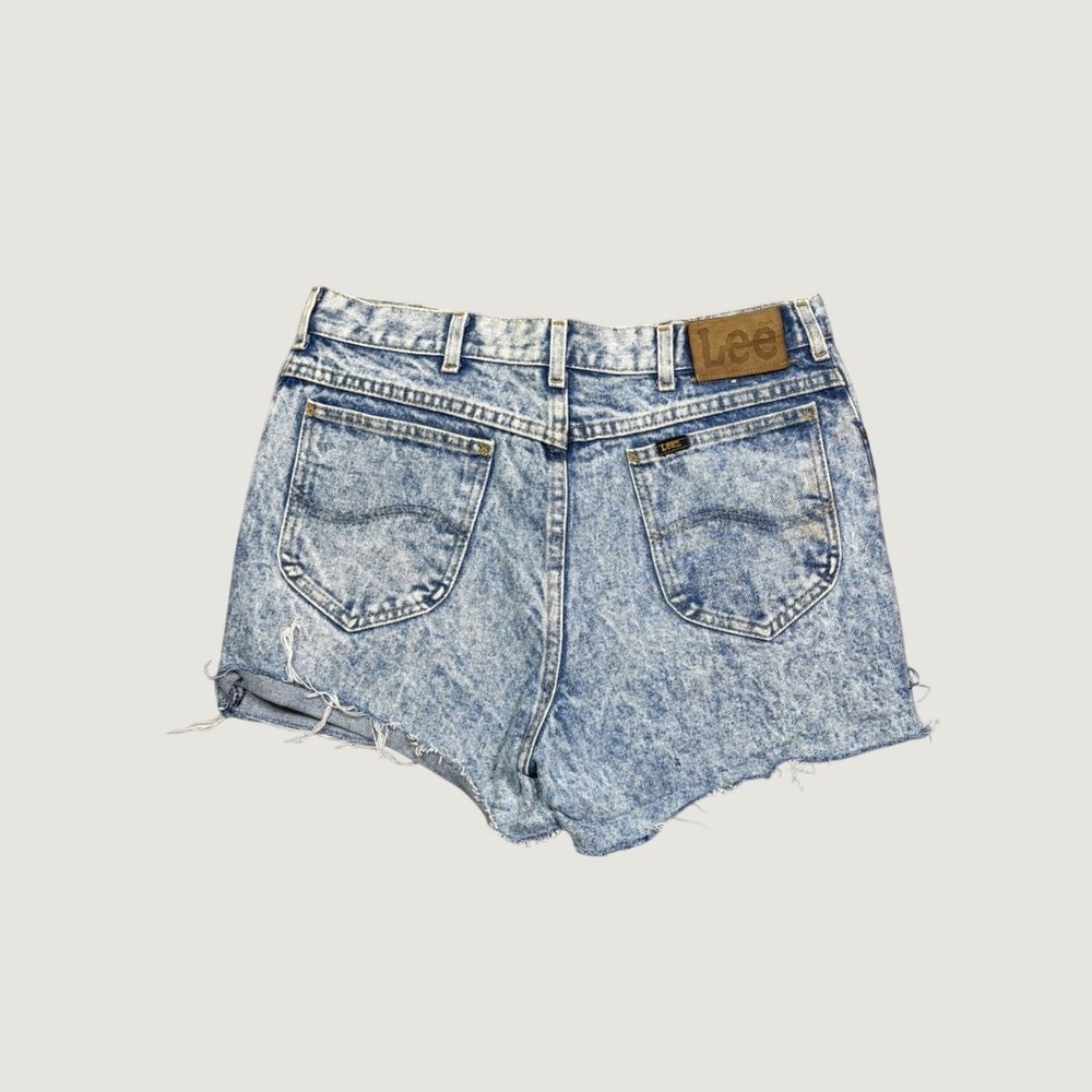 Vintage Lee Acid Wash Denim Shorts High Waisted Raw Hem Blue Womens 29 Waist